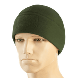 M-Tac Watch Cap Elite Fleece Beanie Hat Velcro, vihreä, kevyt ja lämmin pipo taktiseen käyttöön, Velcro-paneeli merkeille, pidetty mannekiinilla.