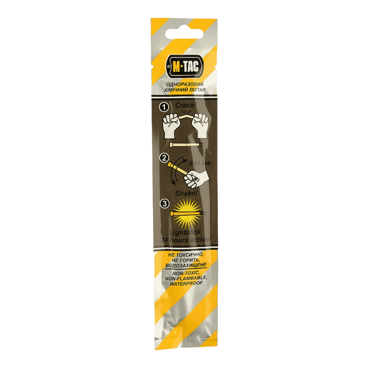M-Tac Glow Stick 15 cm pakkauksessa, esittää käyttöohjeet, soveltuu pimeisiin alueisiin, myrkytön ja pitkäkestoinen.