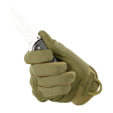 M-Tac Assault Tactical Mk.5 säädettävällä velcro-kiinnityksellä, kädessä veitsi. Vihreä käsine taktiseen käyttöön.