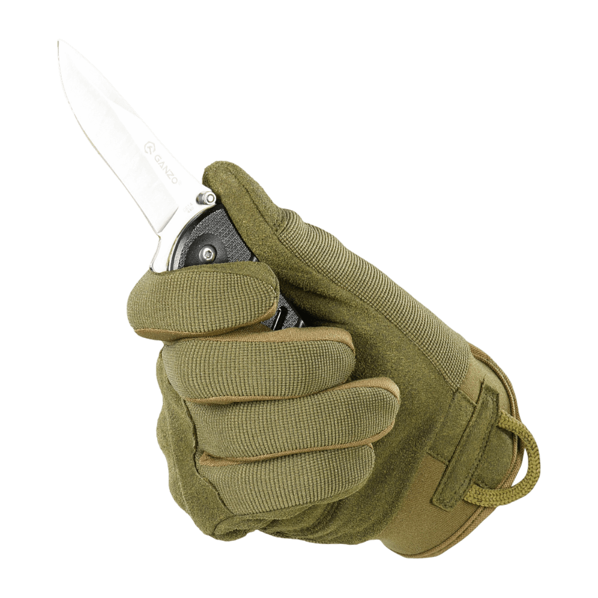 M-Tac Assault Tactical Mk.5 säädettävällä velcro-kiinnityksellä, kädessä veitsi. Vihreä käsine taktiseen käyttöön.