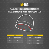 Kokotaulukko M-Tac Hjelm Watch Cap Polartecille näyttää päänympäryksen ja päähinekoot.