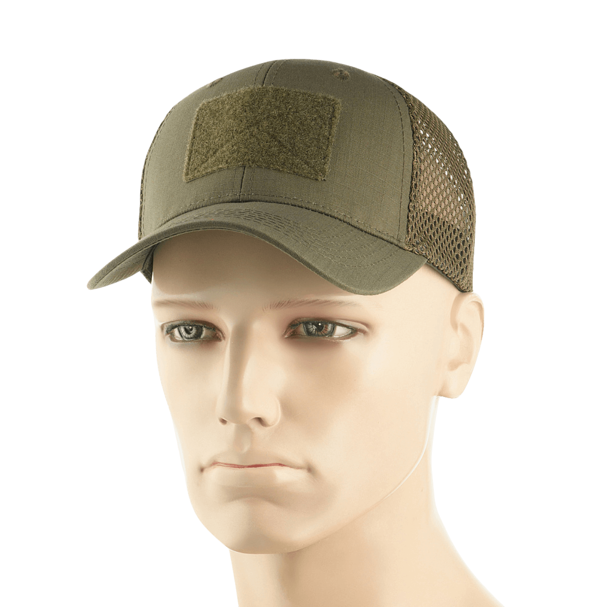 M-Tac Mesh Flex Ripstop Baseball Cap Velcro-kiinnityksellä mannekiinilla, suunniteltu ilmanvaihtoon ja kestävyyteen, sopii kesään ja taktiseen käyttöön.