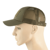M-Tac Mesh Flex Ripstop Baseball Cap Velcro-kiinnityksellä oliivinvihreänä, ventilaatioverkko ja Velcro-paneeli, sivunäkymä.