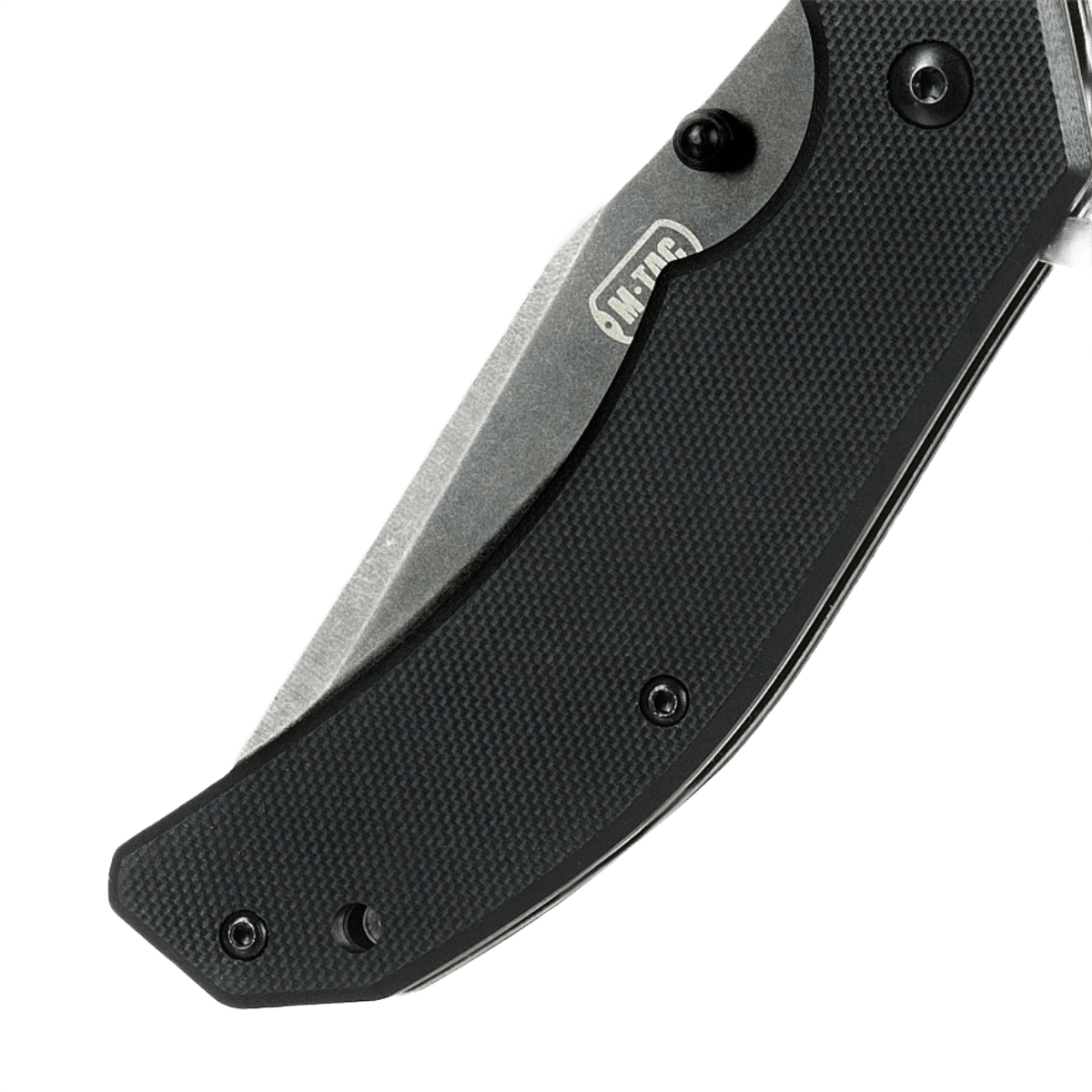 M-Tac Outdoor & Militær taittoveitsi - Type 8, Clip Point -terä kromiruostumattomasta teräksestä ja tyylikäs musta kahva.