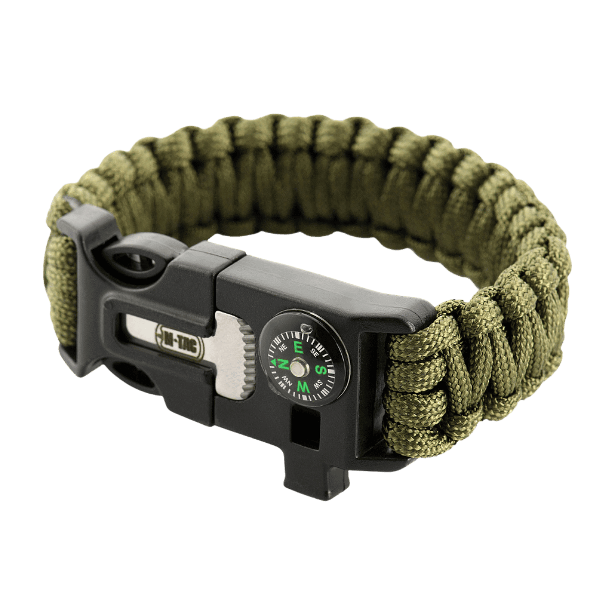 M-Tac Paracord-rannekoru sytyttimellä, kompassilla ja pillillä oliivinvihreänä, ihanteellinen ulkoiluun ja selviytymiseen.