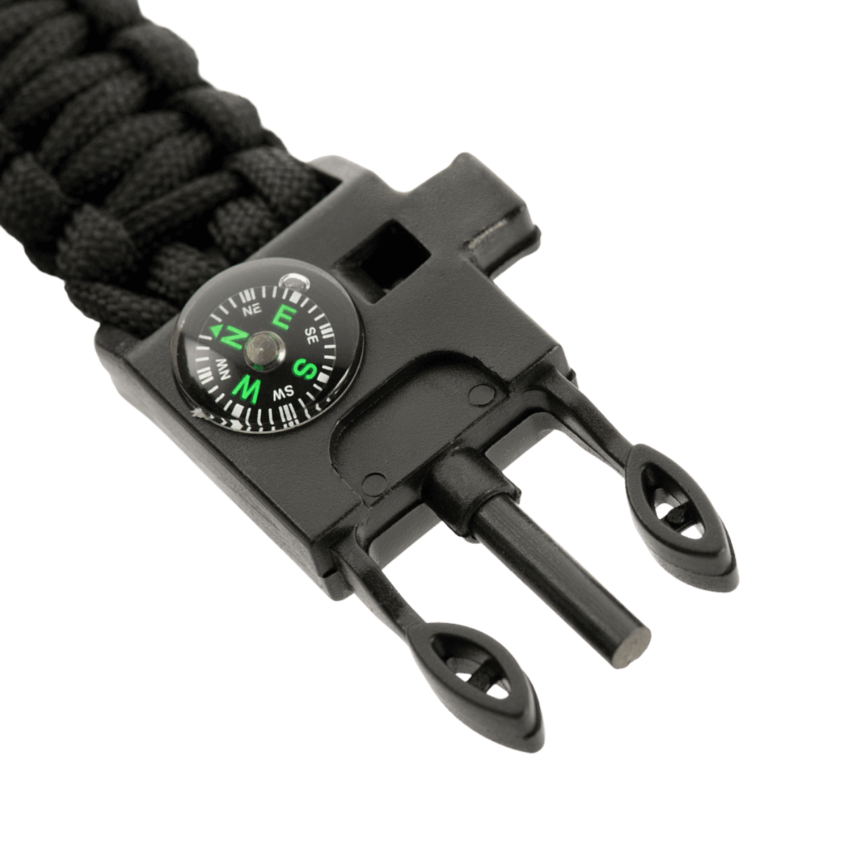 M-Tac Paracord-rannekoru sytyttimellä, kompassilla ja pillillä mustana, kestävät materiaalit ja monitoimiset ominaisuudet.
