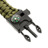 M-Tac Paracord-rannekoru vihreänä tulentekijällä, kompassilla ja pillillä, täydellinen retkeilyyn ja selviytymiseen