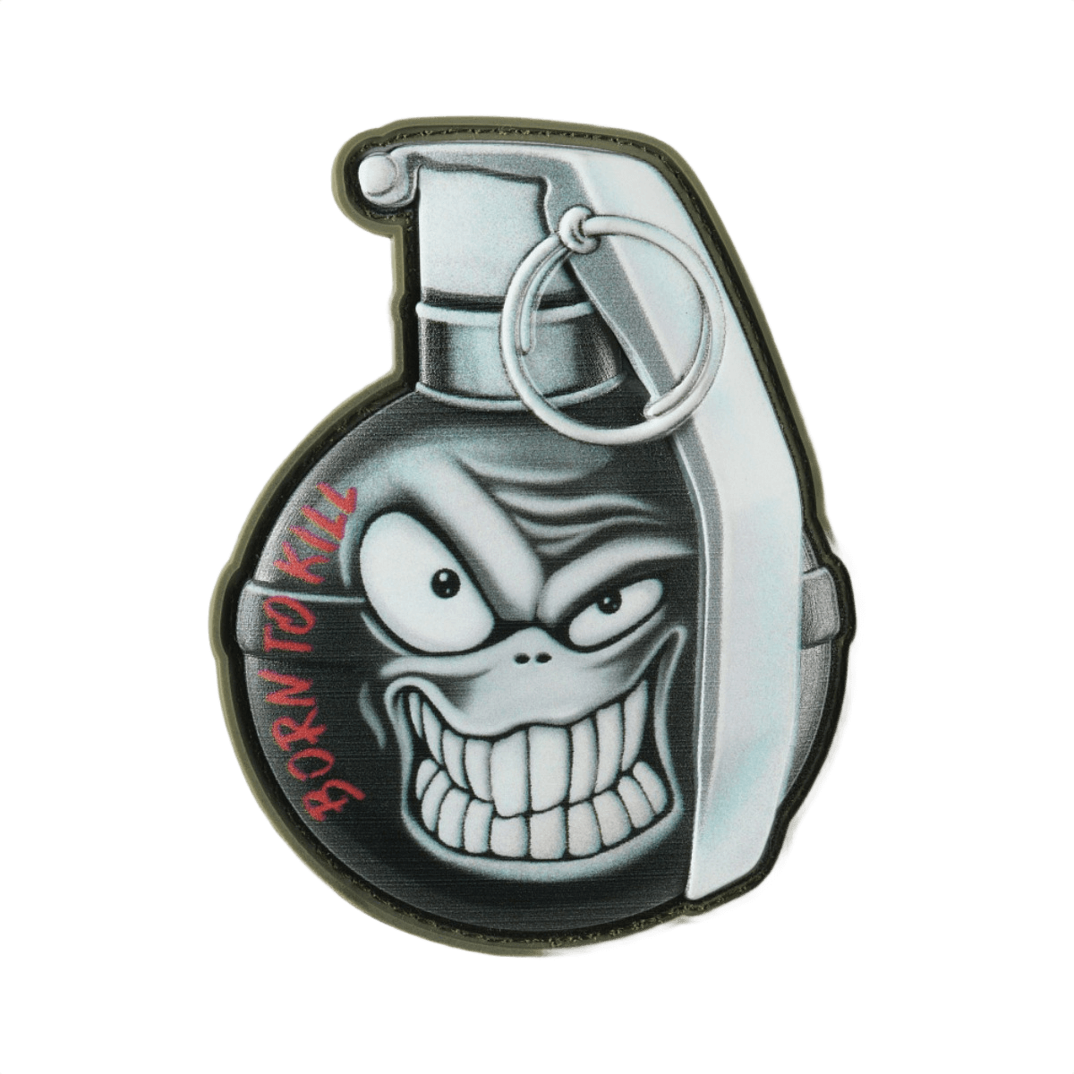 M-Tac Patch M67 Kranaatti 3D PVC humoristisella emojilla ja tekstillä 'Born to Kill', sopii taktisiin varusteisiin, koko 8.8 x 6.8 cm