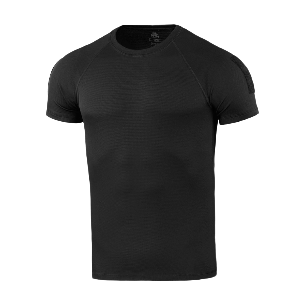 M-Tac T-Shirt Raglan Sweat-Wicking Tactical Summer, musta raglan-t-paita, täydellinen lämpimiin päiviin ja fyysiseen aktiviteettiin, nähtynä edestä.