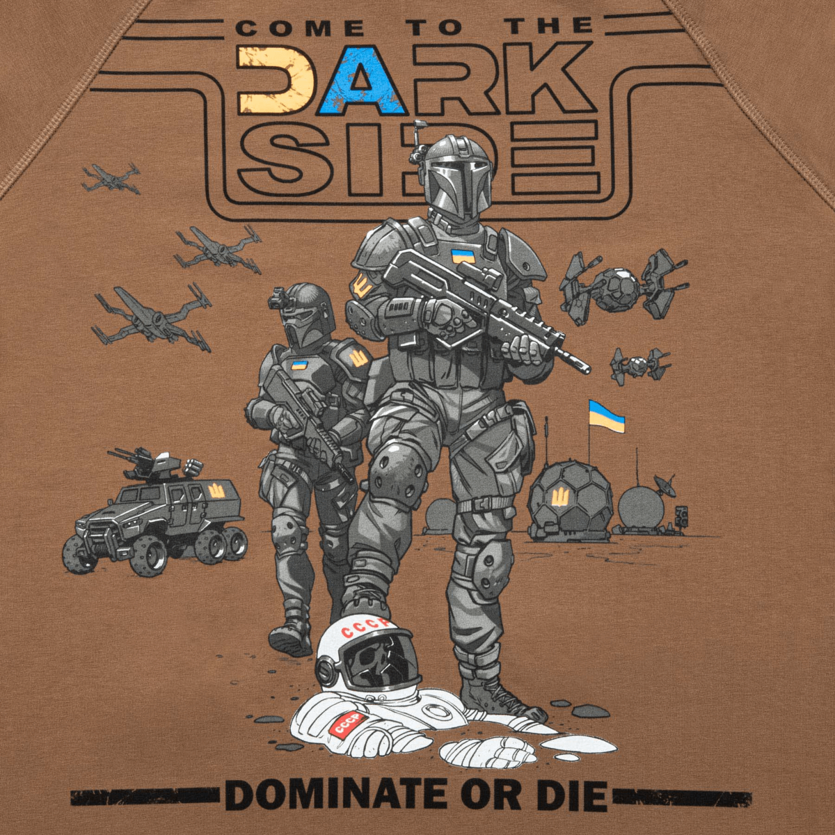 T-paidan kuvitus futuristisista sotilaista ja tekstillä 'Come to the Dark Side, Dominate or Die' M-Tac Raglan T-Shirt UA Sidessa.