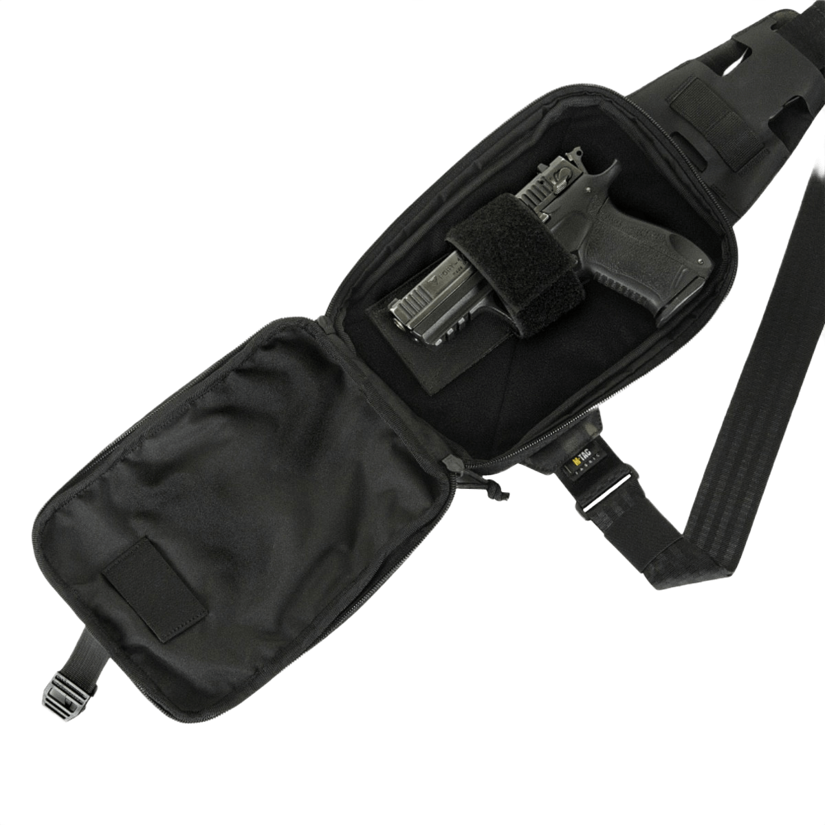 M-Tac Sling -pistoolilaukku Elite Hex Velcro mustana, avattuna näyttämään kiinnitetty pistooli, valmistettu Cordura 1000D:stä ja Cordura Hexistä.