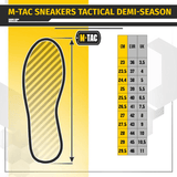 Kokotaulukko Tactical Sneakers Demi-Season – Kevyt ja mukava M-Tac, esitetty CM-, EUR- ja UK-kokojen mukaan.