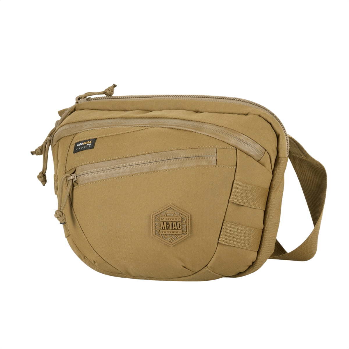 M-Tac Sphaera Hardsling Bag Large Elite med Velcro beigeä Cordura-materiaalia, kompakti muotoilu, säädettävä olkahihna ja etu-Velcro-paneeli.