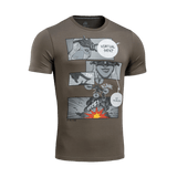 Ruskea M-Tac T-Shirt Comics Drone Girl, sarjakuvaprintti en dronepilotista, joka symboloi voimaa ja tehokkuutta.