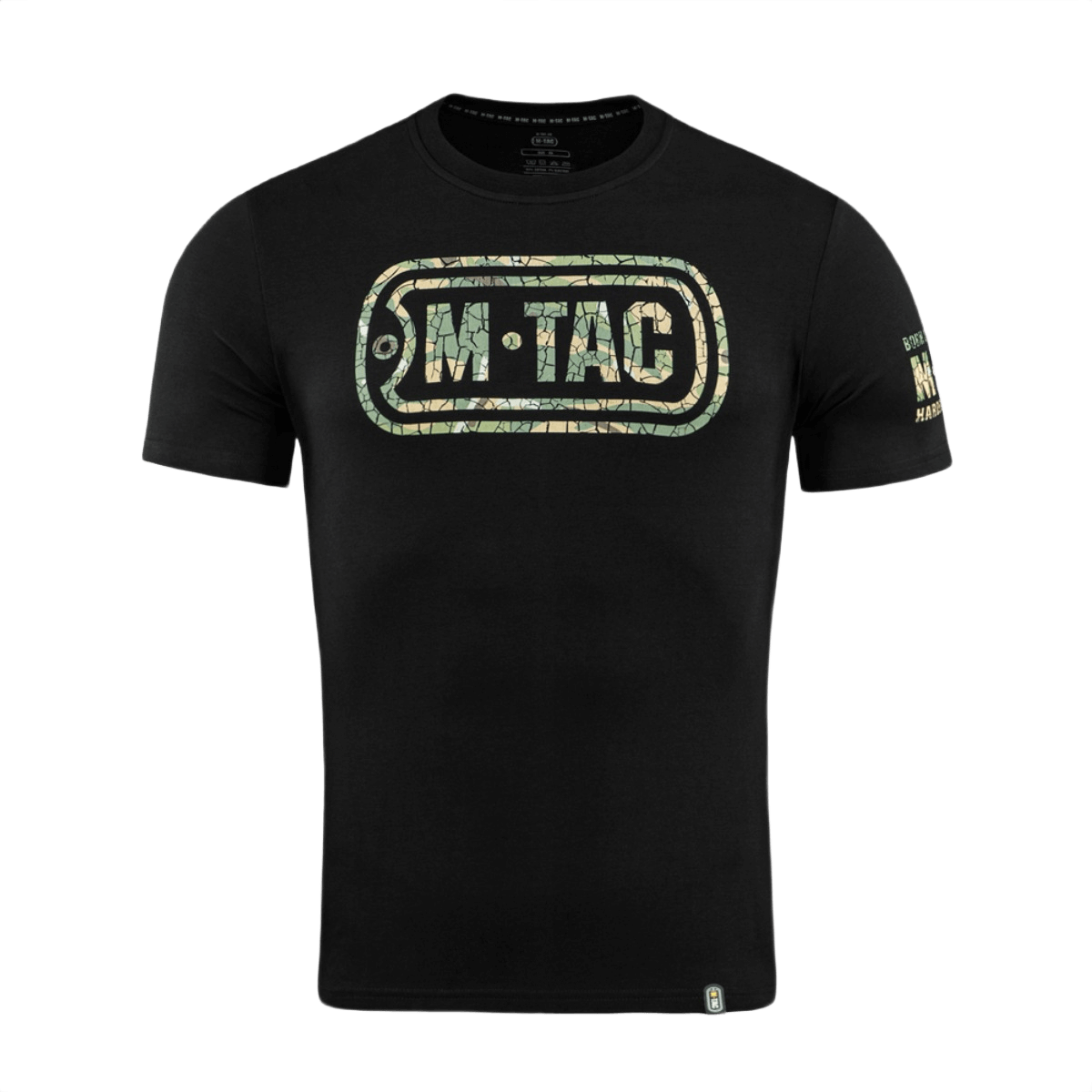 M-Tac T-Shirt Logo, camo ja ikoninen brändisuunnittelu, hihassa slogan "Born by Revolution – Hardened by War".