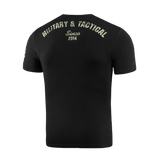 M-Tac T-Shirt Logo, sotilaallinen ja taktinen slogan, camoprintti, ikoninen logo ja brändin historia vuodesta 2014.