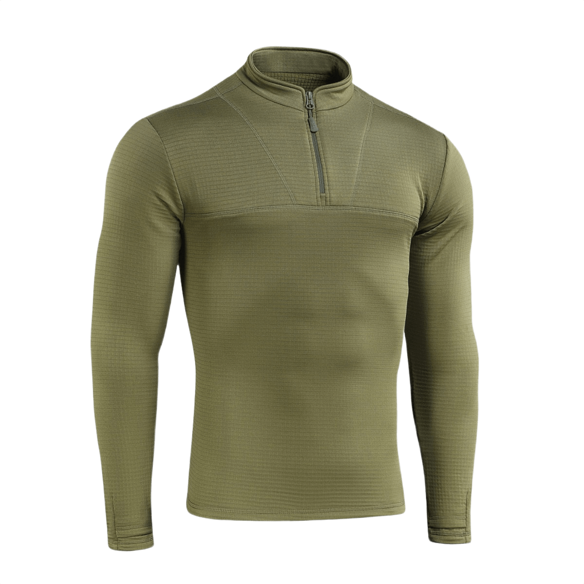 M-Tac Thermal Fleece Trøje Delta Level 2 oliivinvärisenä valkoisella taustalla. Suunniteltu kylmiin oloihin YKK-vetoketjulla.