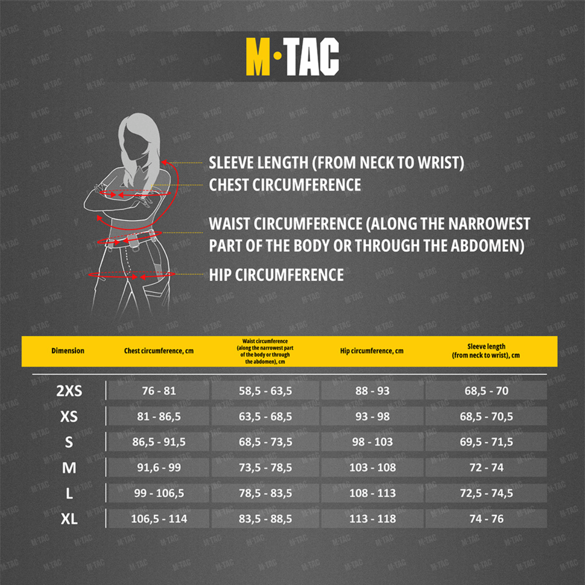 Kokotaulukko M-Tac Thermal Fleece Shirt Delta Level 2 Lady, mitat rinnanympärys, vyötärö, lantio ja hihan pituus senttimetreinä.
