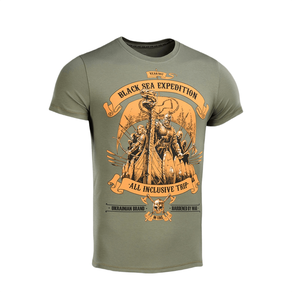 M-Tac T-shirt Black Sea Expedition oliivinvihreä premium-printillä, valmistettu 93% puuvillaa ja 7% elastaania, sopii aktiiviseen elämäntapaan