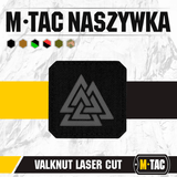 M-Tac Patch Valknut Laser Cut Odin symbol mustalla taustalla näkyvine yksityiskohtineen. Ihanteellinen taktiseen varustukseen tai vaatteisiin.