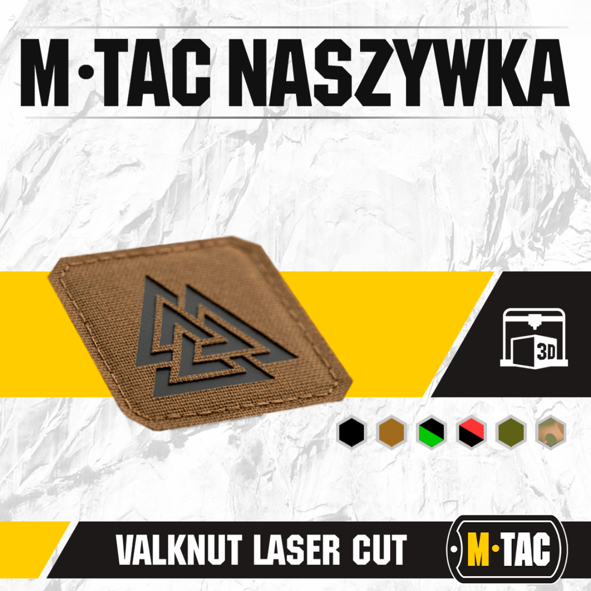 M-Tac Patch Valknut Laser Cut Odin -symboli en ruskealla taustalla, moderni ja tyylikäs muotoilu