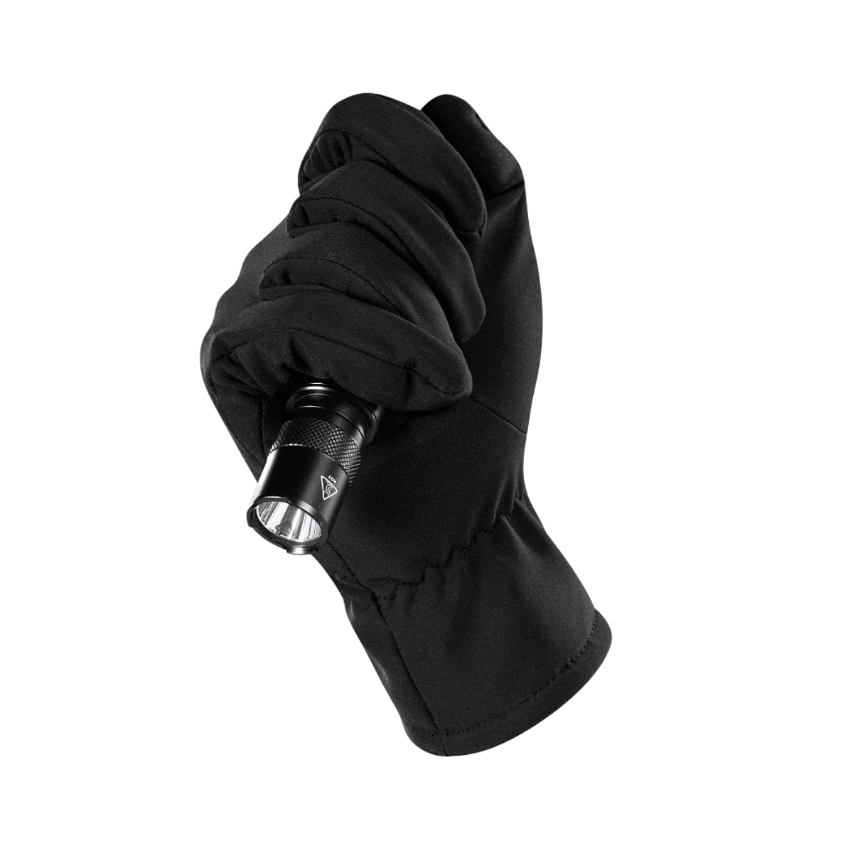 M-Tac Vinterhandsker Soft Shell musta taskulampun kanssa, suojaa säältä, kevyt ja toimiva.