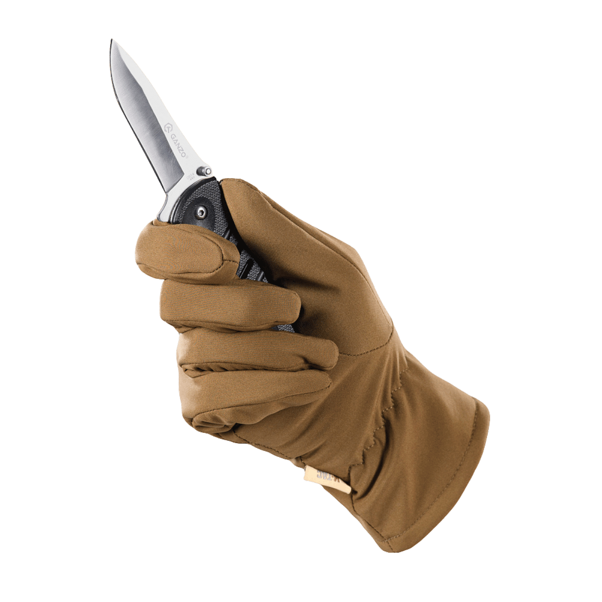 Ruskeat M-Tac Vinterhandsker Soft Shell pitävät mustaa taittoveistä vihreää taustaa vasten.
