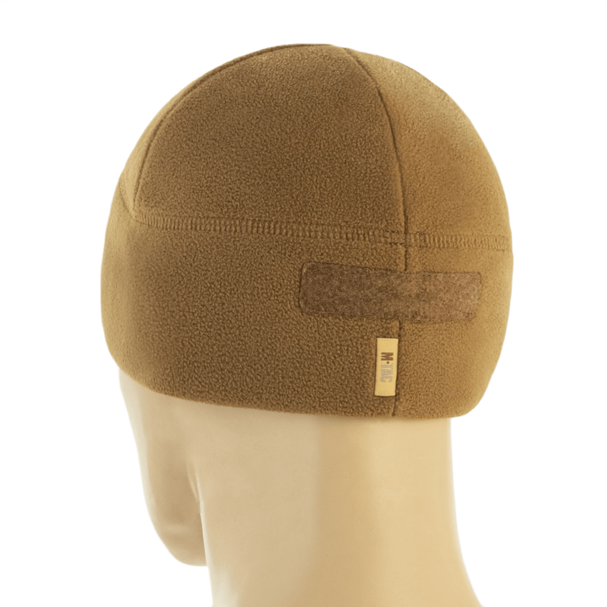 M-Tac Watch Cap Elite Fleece Beanie Hat Velcro, beige fleece Velcro-paneelilla takaapäin nähtynä, ihanteellinen kylmään säähän ja taktiseen käyttöön.
