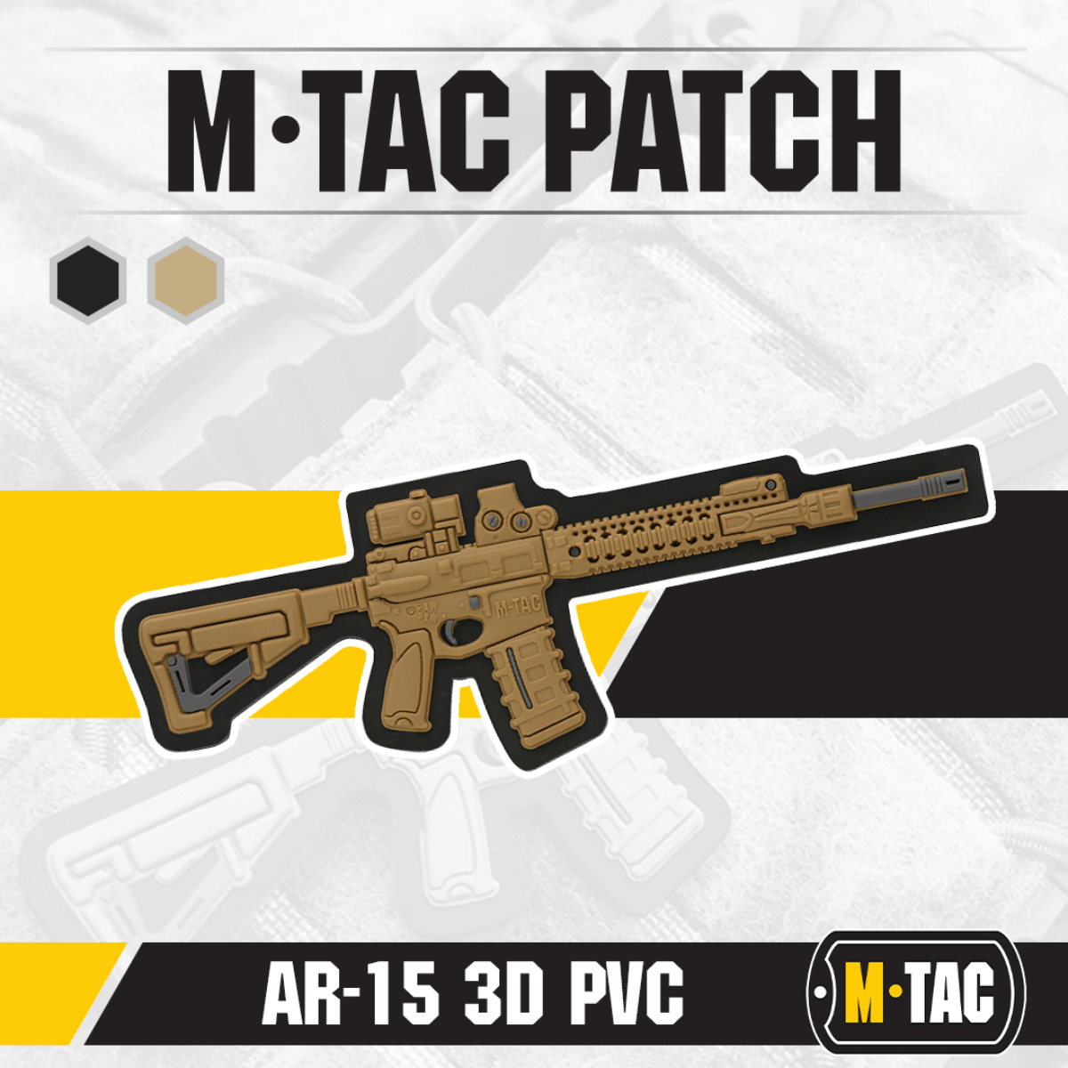 M-Tac AR-15 3D PVC-patch vaatteisiin tai varusteisiin kiinnitettäväksi, taktinen design, kestävä PVC-moraalitarra.