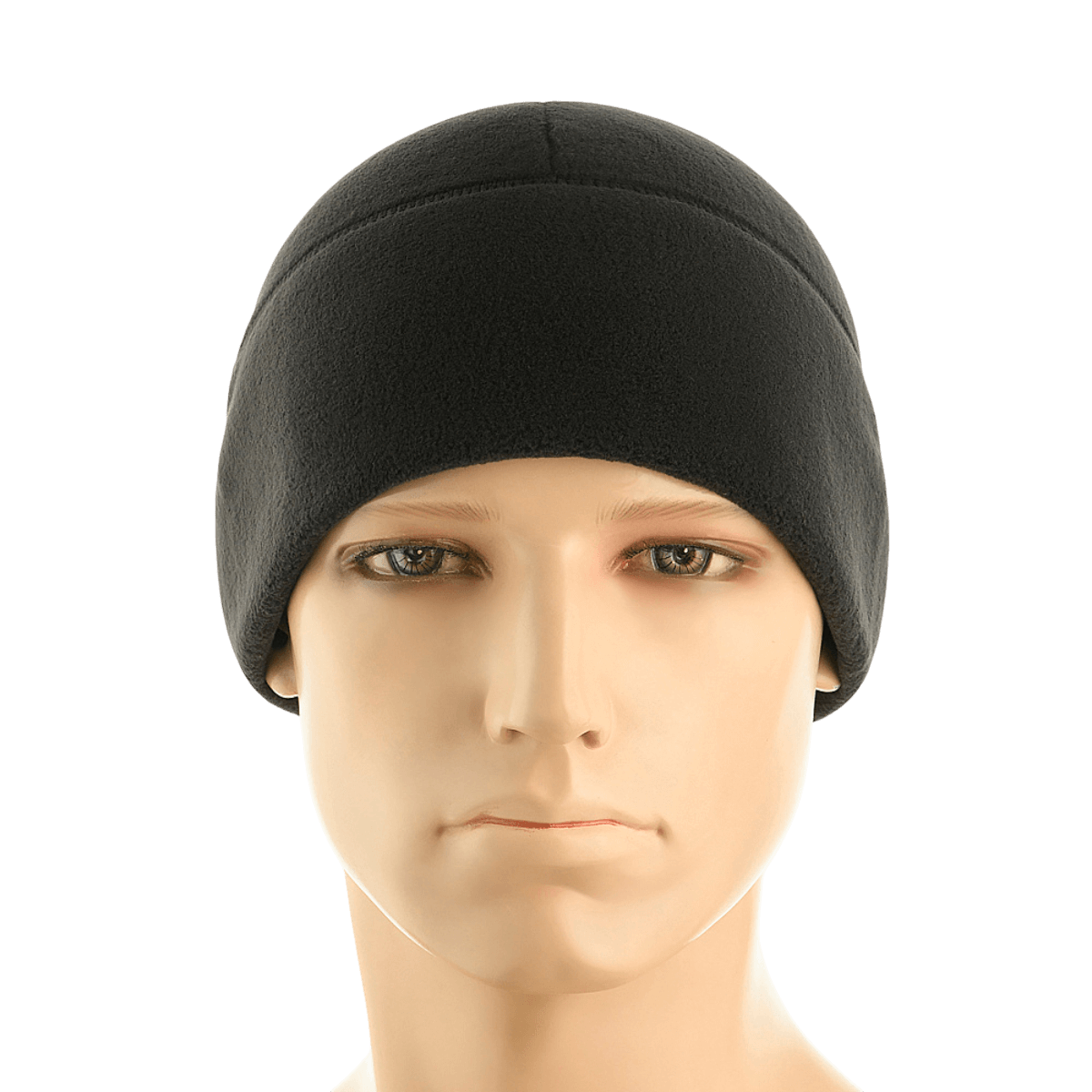 M-Tac Fleece Polartec Watch Cap musta, näytetty mannekiinilla, valmistettu kestävästä Polartec 200 -fleecestä kylmiin olosuhteisiin ja ulkoiluun.