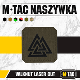 M-Tac Patch Valknut Laser Cut Odin symbol tummanharmaana, esitettynä valkoisella taustalla.