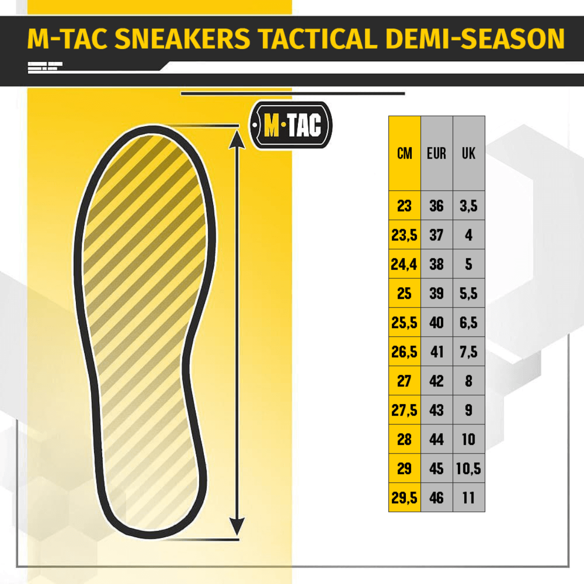 Kokotaulukko Tactical Sneakers Demi-Season – Kevyt ja mukava, sisältää koot CM, EUR ja UK. M-Tac kenkäkuva.