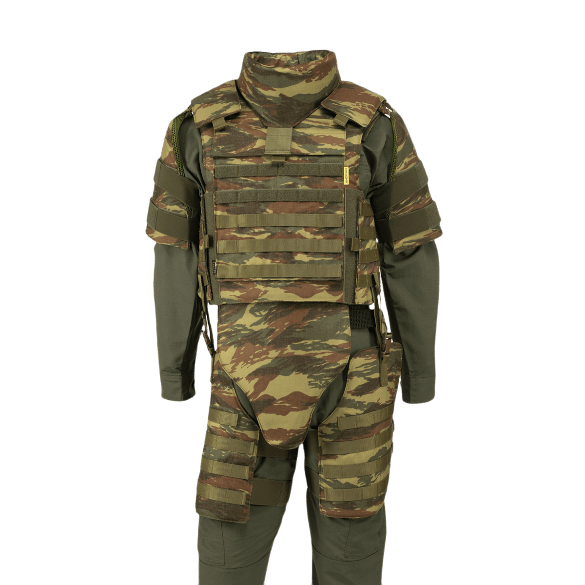 Anorak Niobium® Tactical II – full set maastokuvioituna, moniuhkainen pehmeä kehonpanssari ampuma-aseita ja veitsiä vastaan.