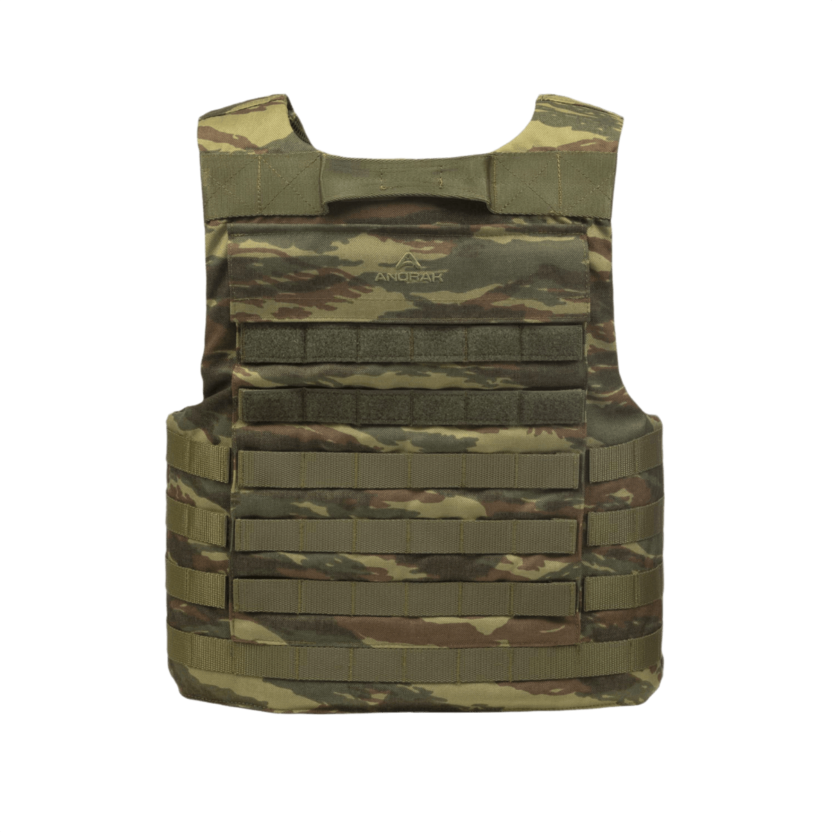 Anorak Tactical III Cover maastokuvioituna, kestävä päällyskuori CORDURA®:lla ja 3D SPACER Coolmax® -vuorauksella. Ihanteellinen turvalliseen istuvuuteen.